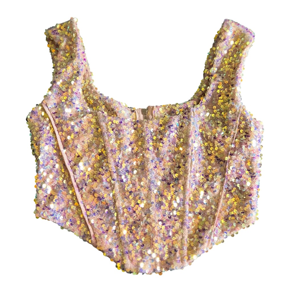 Olivaceous Iridescent Sequin Corset Crop Top Pink Champagne Sleeveless M